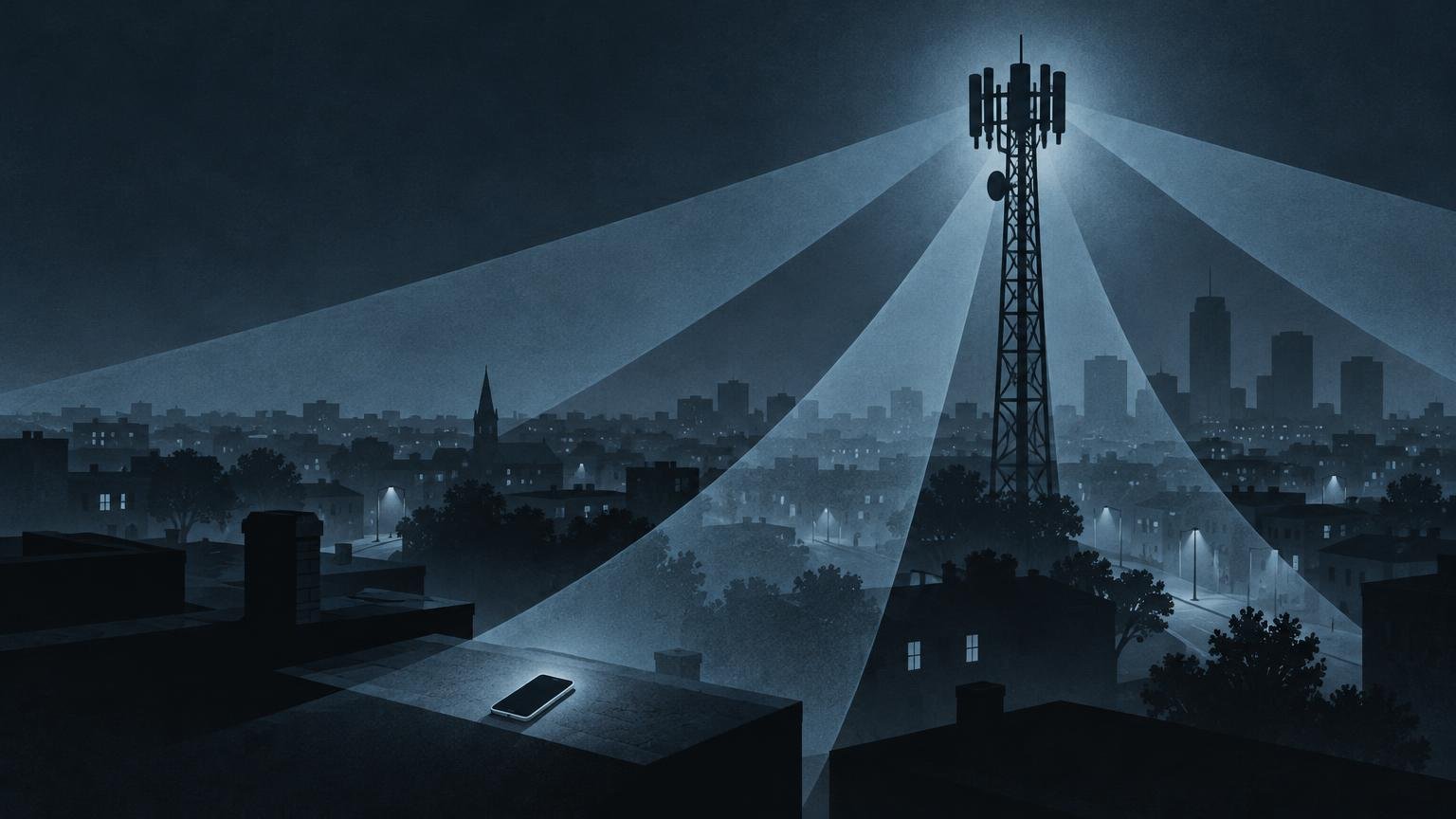 Dark blue nighttime editorial illustration of a cellular tower above a city, with wide translucent signal-like beams spreading across rooftops and a glowing smartphone in the foreground.