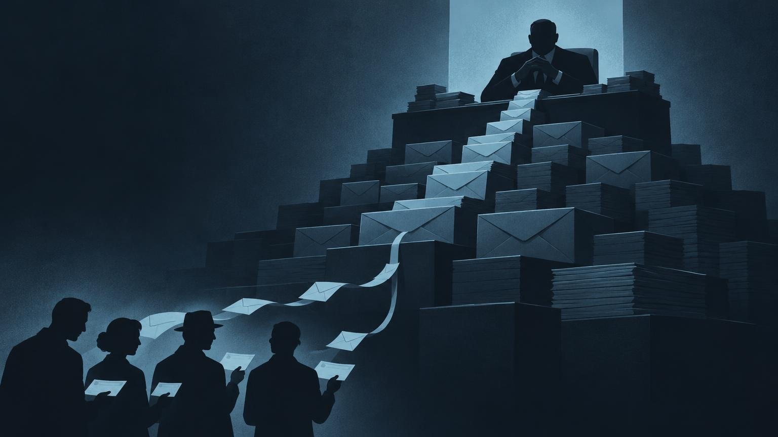 Dark blue editorial illustration of a shadowed businessman seated above a stepped pile of envelopes and paper stacks, with a curved stream of envelopes leading toward four waiting figures holding papers below.