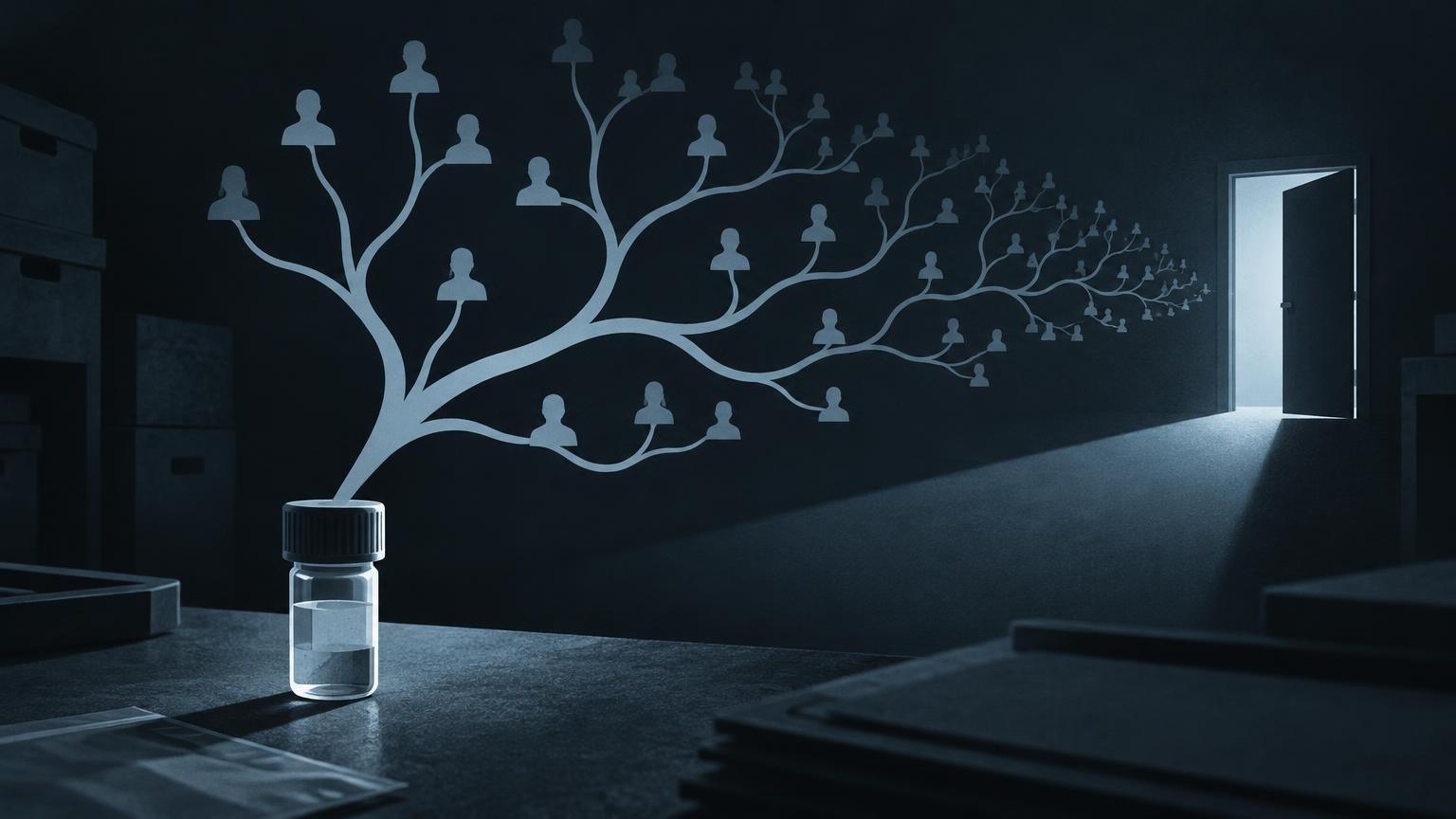 Dark blue editorial illustration of a sample vial on a desk, with a branching family-tree graphic of anonymous human silhouettes extending toward an open, brightly lit doorway.
