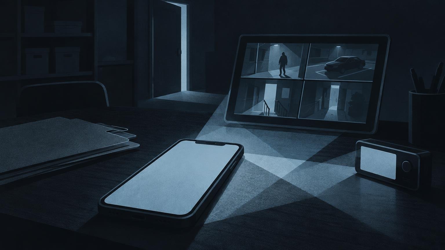 Dark blue editorial illustration of a desk with a glowing smartphone, a tablet showing four surveillance-camera scenes, a small device, and an open door casting light into a shadowy office.
