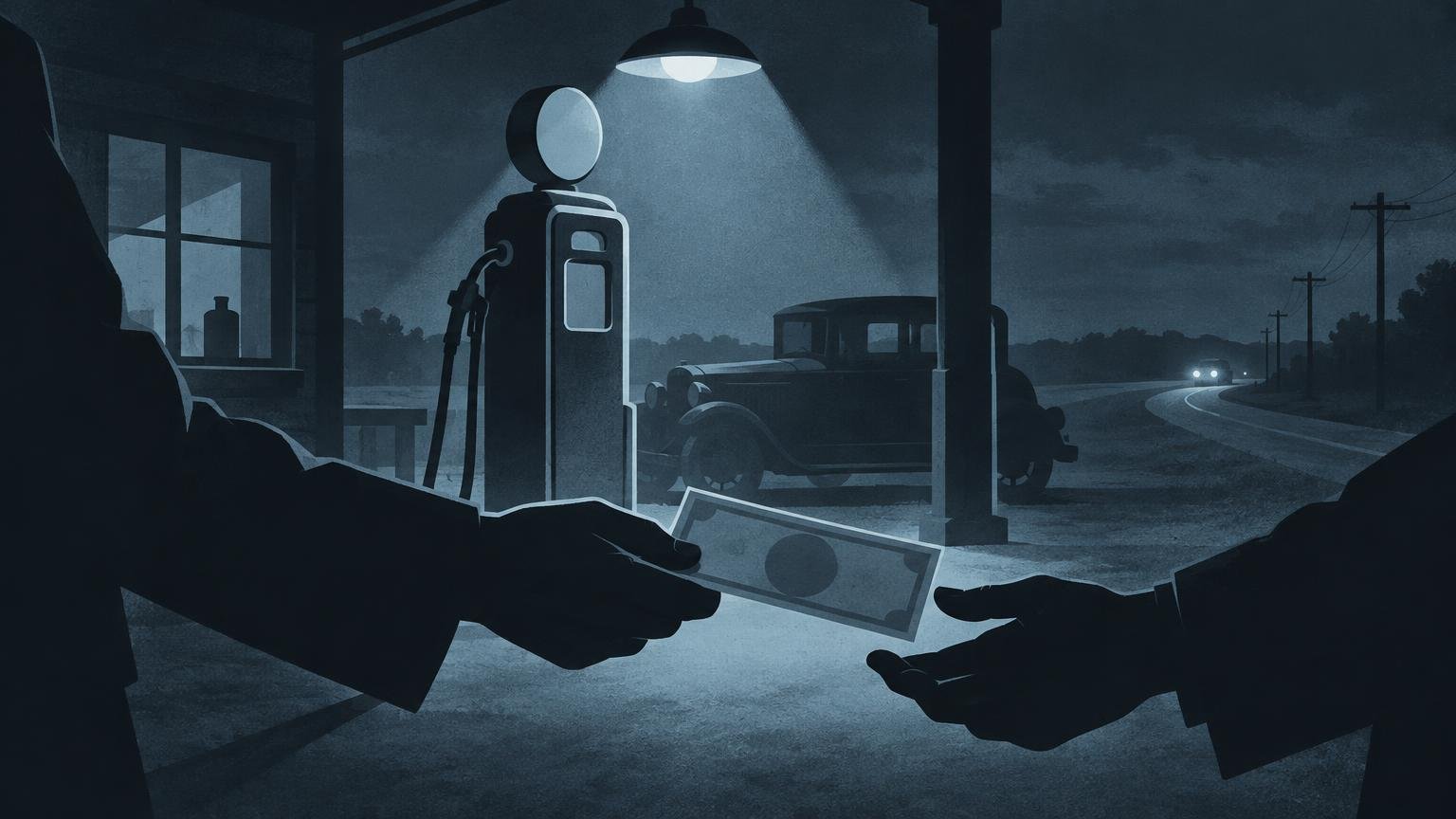 Dark blue-toned editorial illustration of silhouetted hands exchanging an unmarked banknote at a 1930s-style gas pump beneath an overhead light, with a vintage car and curving road in the background.