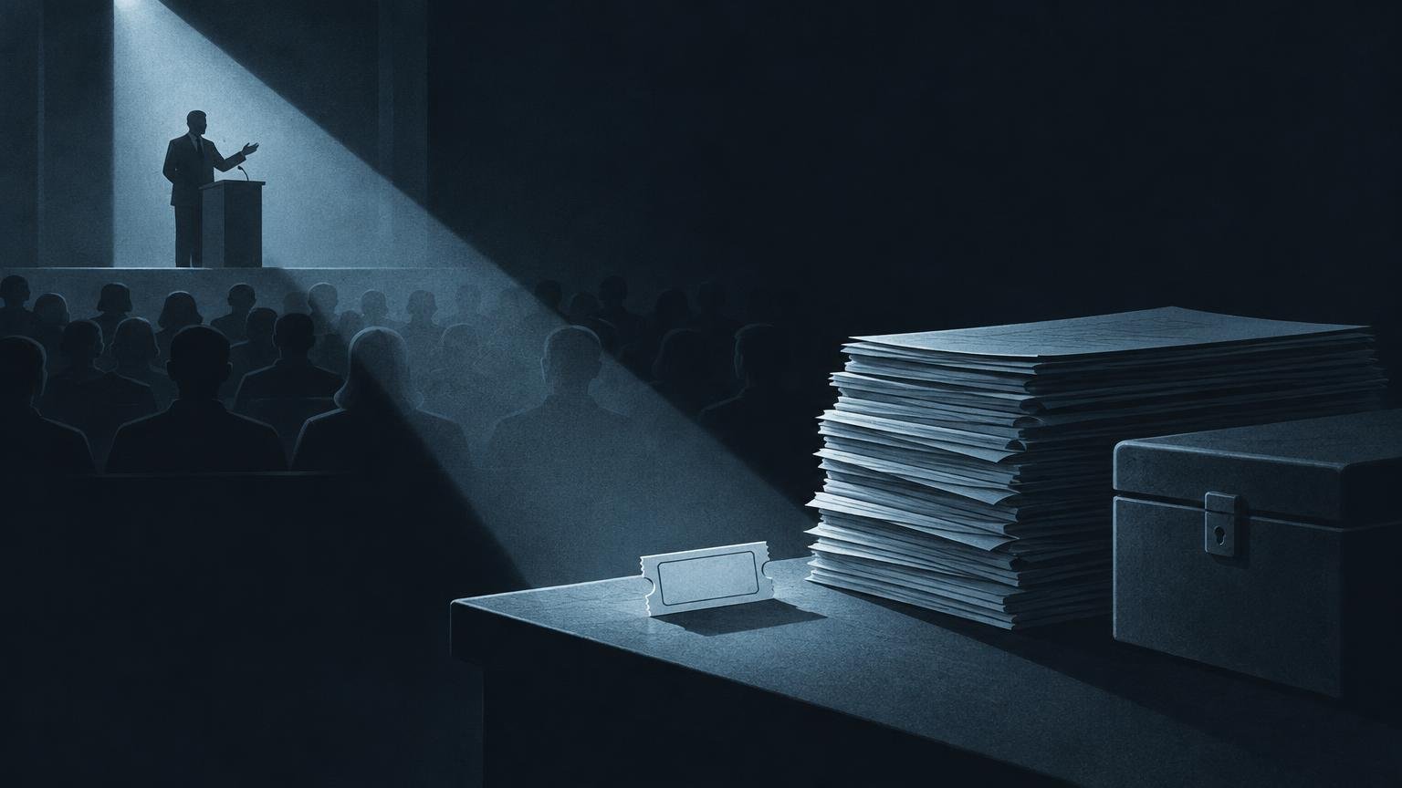 Dark blue editorial illustration of a silhouetted speaker at a podium addressing an audience, with a spotlight leading toward a desk holding a tall stack of papers, a small blank ticket-shaped card, and a locked case.