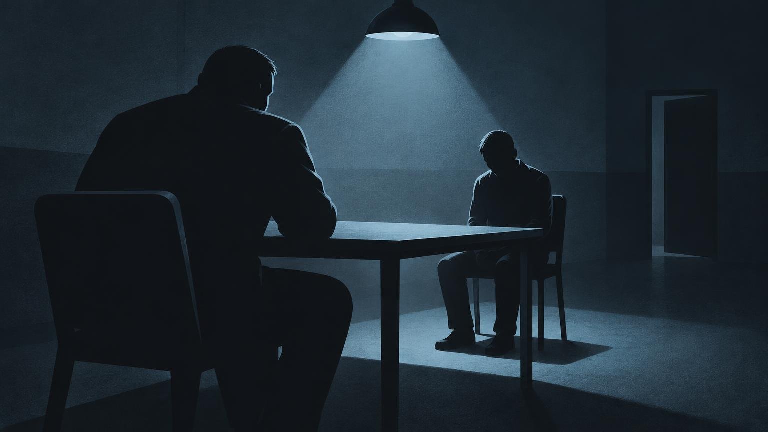 Dark blue-toned illustration of two silhouetted people seated across a table in an interrogation-like room, with a large foreground figure facing a smaller bowed figure under an overhead cone of light and an open doorway at right.